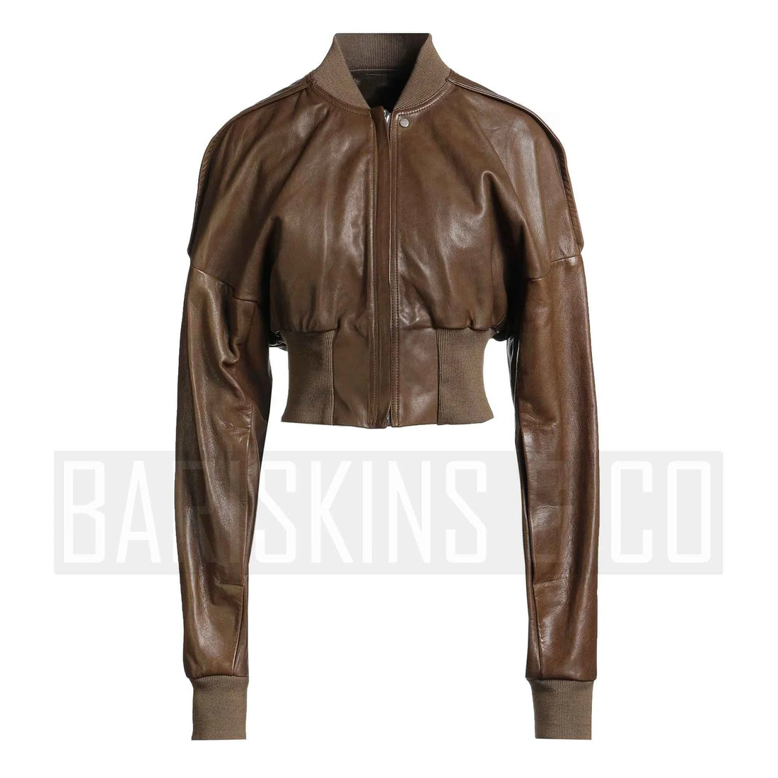 Women’s Brown Cropped Leather Bomber Jacket – Front View Real Lambskin Coat