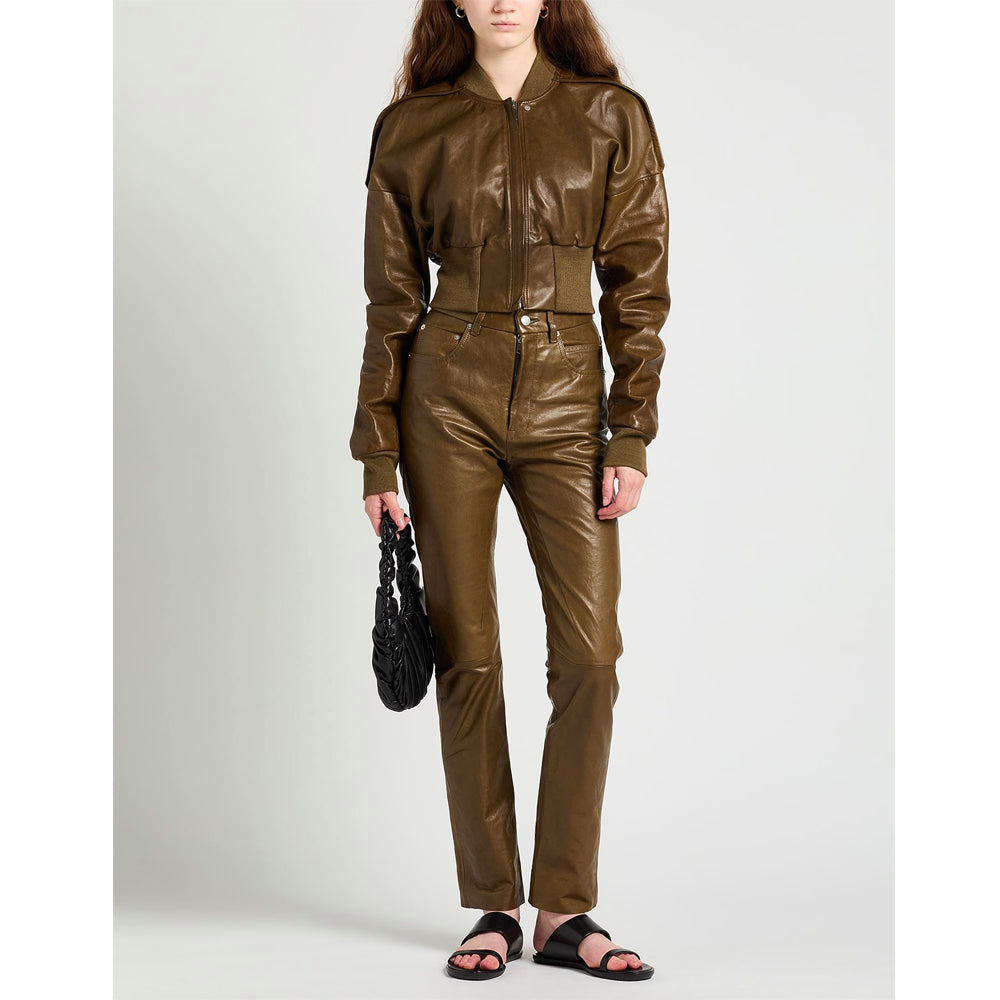 Stylish women’s brown lambskin leather bomber jacket cropped length with zipper closure and sleek design