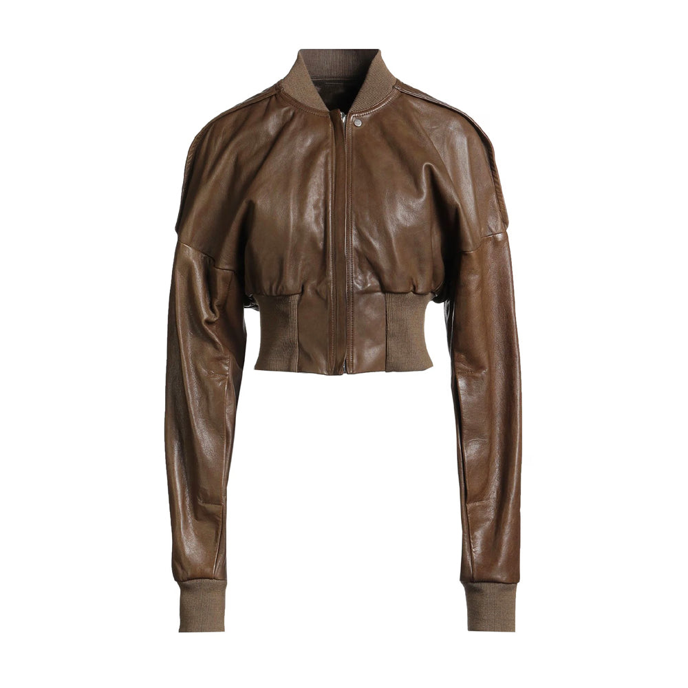 Women’s brown cropped leather bomber jacket in real lambskin with zip-up front and short modern fit