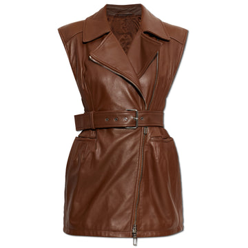 Women’s brown leather biker mini dress with asymmetric zipper, notched lapels, belted waist, and side pockets
