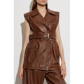 Close-up of women’s brown leather biker dress featuring wide waist belt, metal buckle, and front zipper