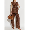 Women’s sleeveless brown leather mini dress with structured silhouette, biker lapels, and functional side pockets