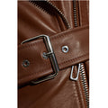 Women’s chocolate-brown leather mini dress showing asymmetric biker zipper and wide notched lapels