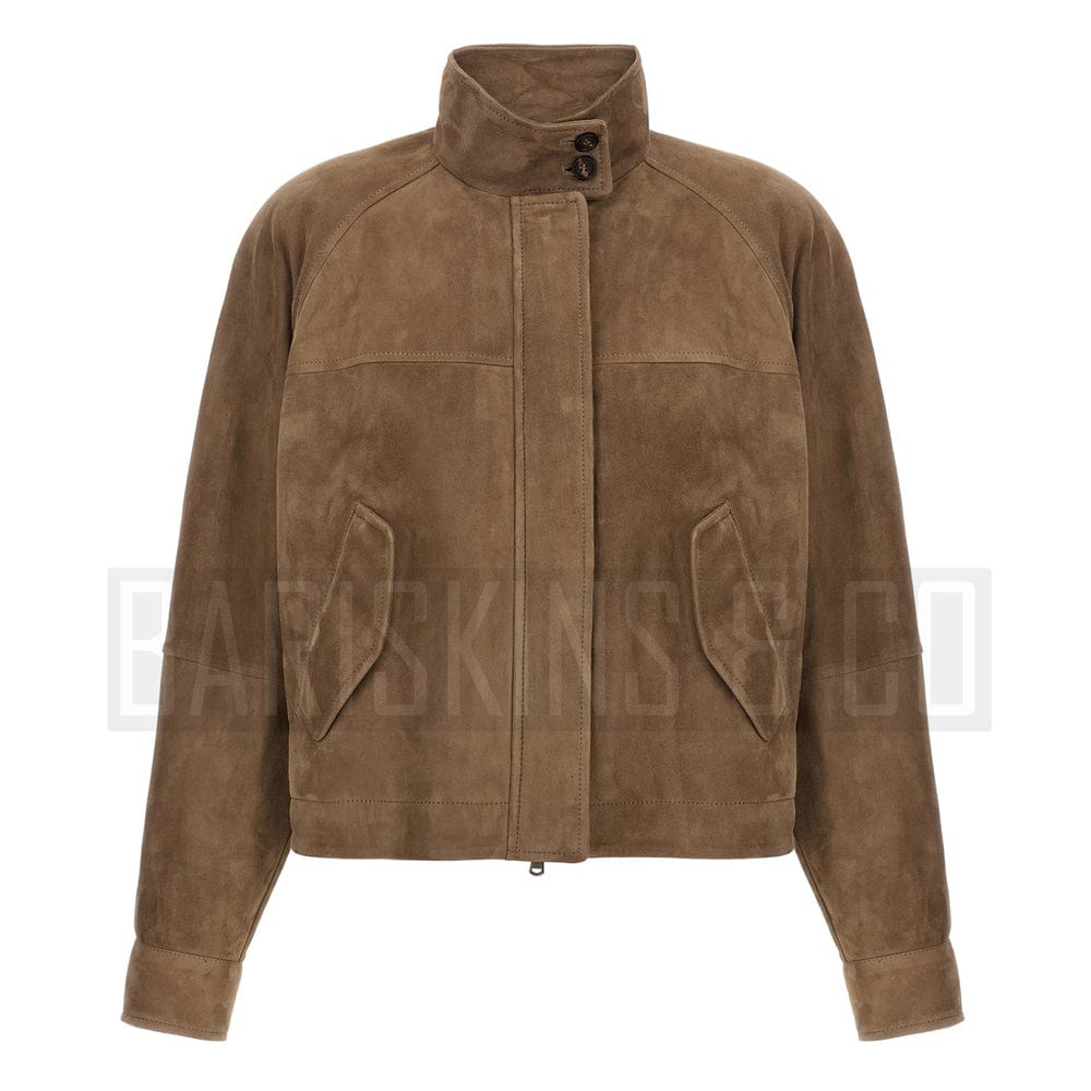 Women’s Brown Suede Leather Jacket – Classic Bomber Style Front View