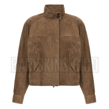 Women’s Brown Suede Leather Jacket – Classic Bomber Style Front View