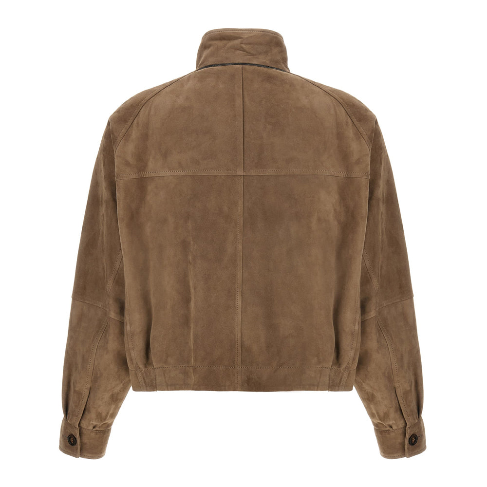 Women’s brown suede leather jacket in classic bomber style with soft texture and timeless design