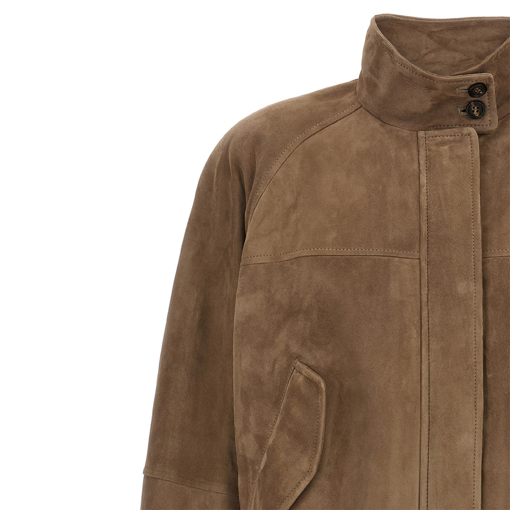 Brown suede leather bomber jacket for women featuring classic style and elegant everyday wear look