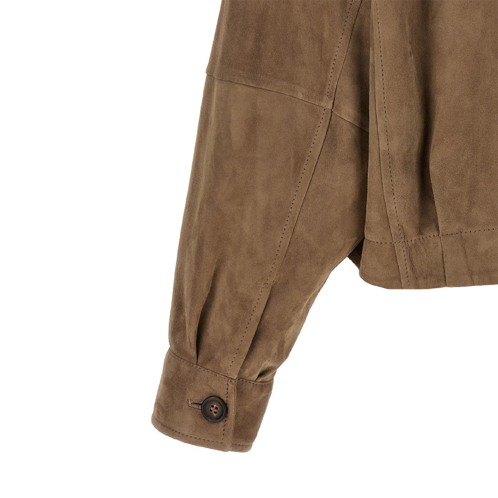 Women’s suede leather jacket brown color in classic bomber design with smooth feel and modern fit