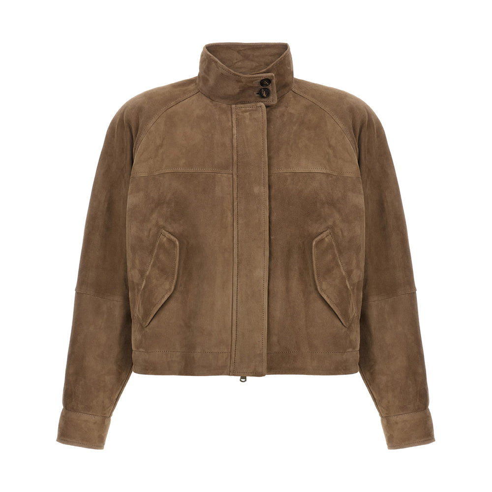 Women’s brown suede leather jacket in classic bomber style with soft texture and timeless design