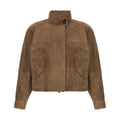Women’s brown suede leather jacket in classic bomber style with soft texture and timeless design
