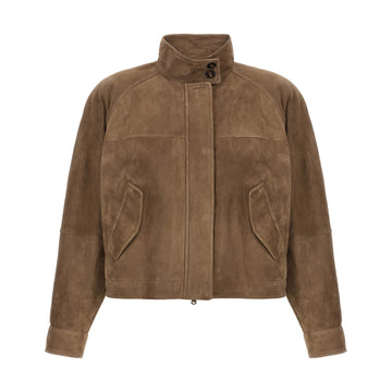 Women’s brown suede leather jacket in classic bomber style with soft texture and timeless design