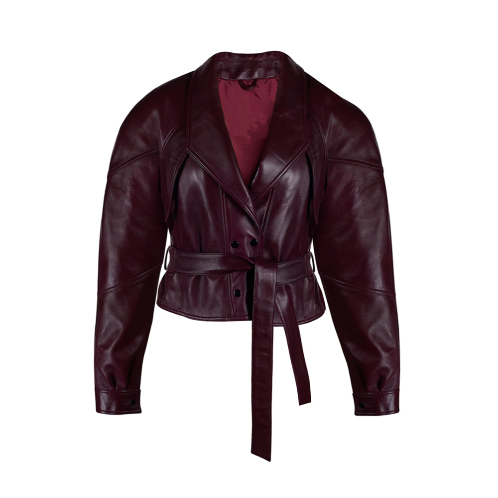 Women’s cropped burgundy leather jacket with belted waist and blazer-style open front made from real leather