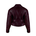 Short women’s leather jacket in burgundy featuring structured shoulders, cropped length, and adjustable belt design