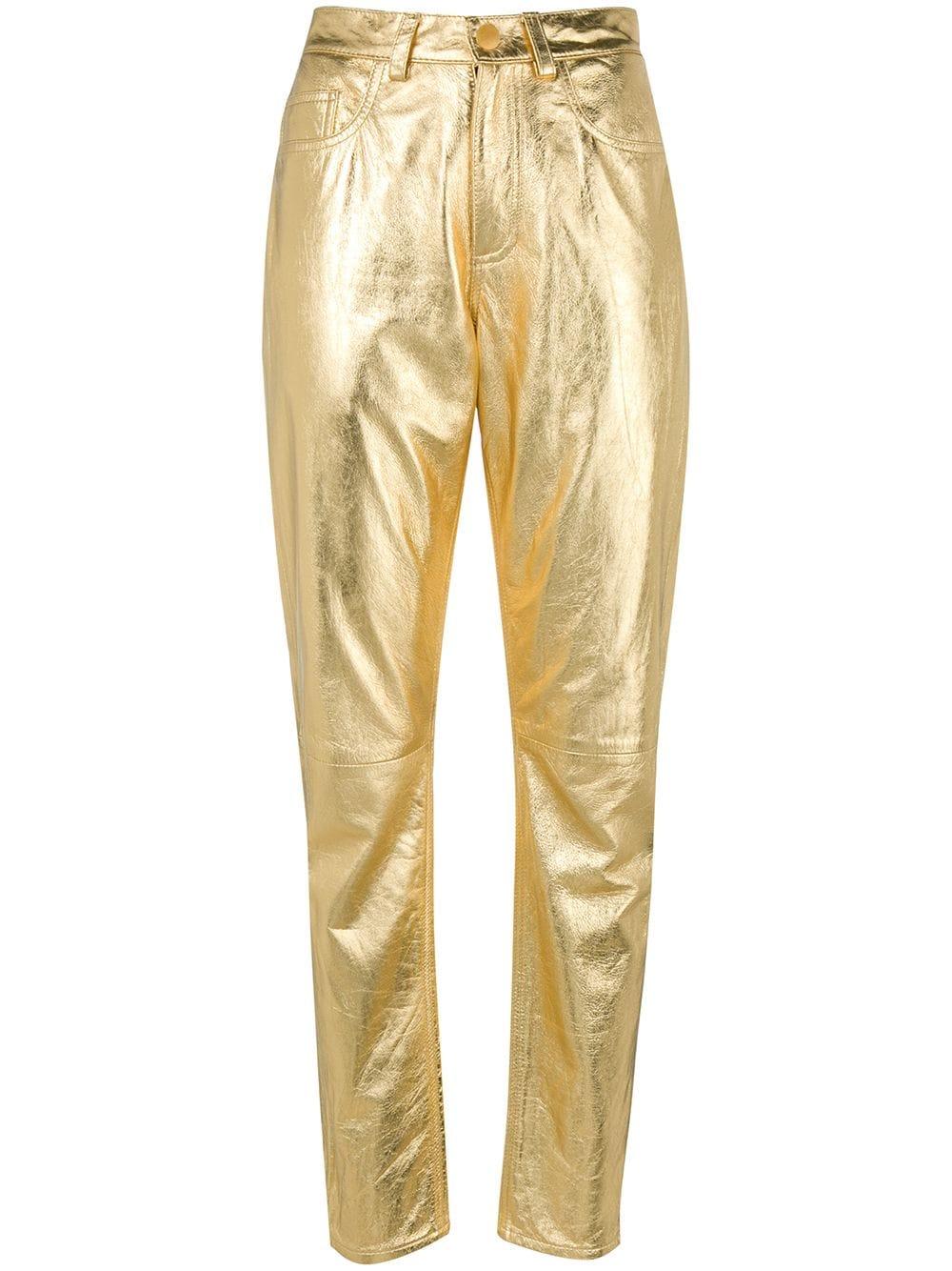 Women's Gold Metallic Leather Pants - Genuine Lambskin with classic five-pocket design and high-shine finish.