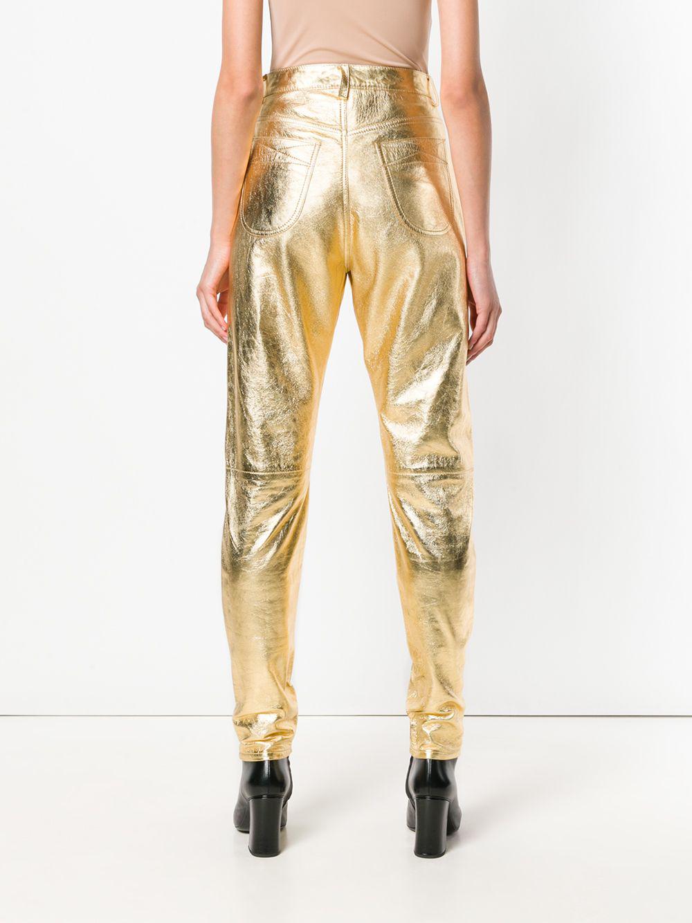 Slim-fit Women's Gold Metallic Leather Pants - Genuine Lambskin showing tailored leg cut and metallic sheen.