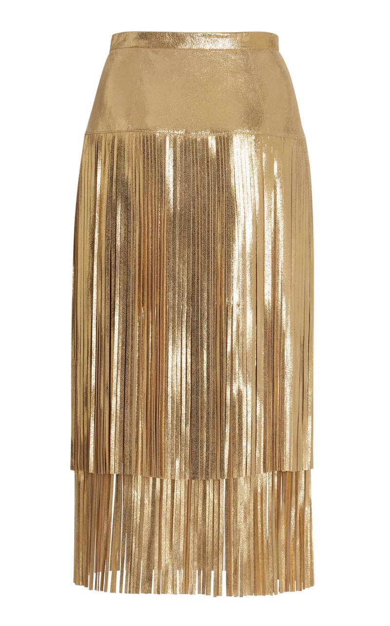 Womens Gold Real Leather Fringe Skirt – Front View with Shiny Metallic Finish.