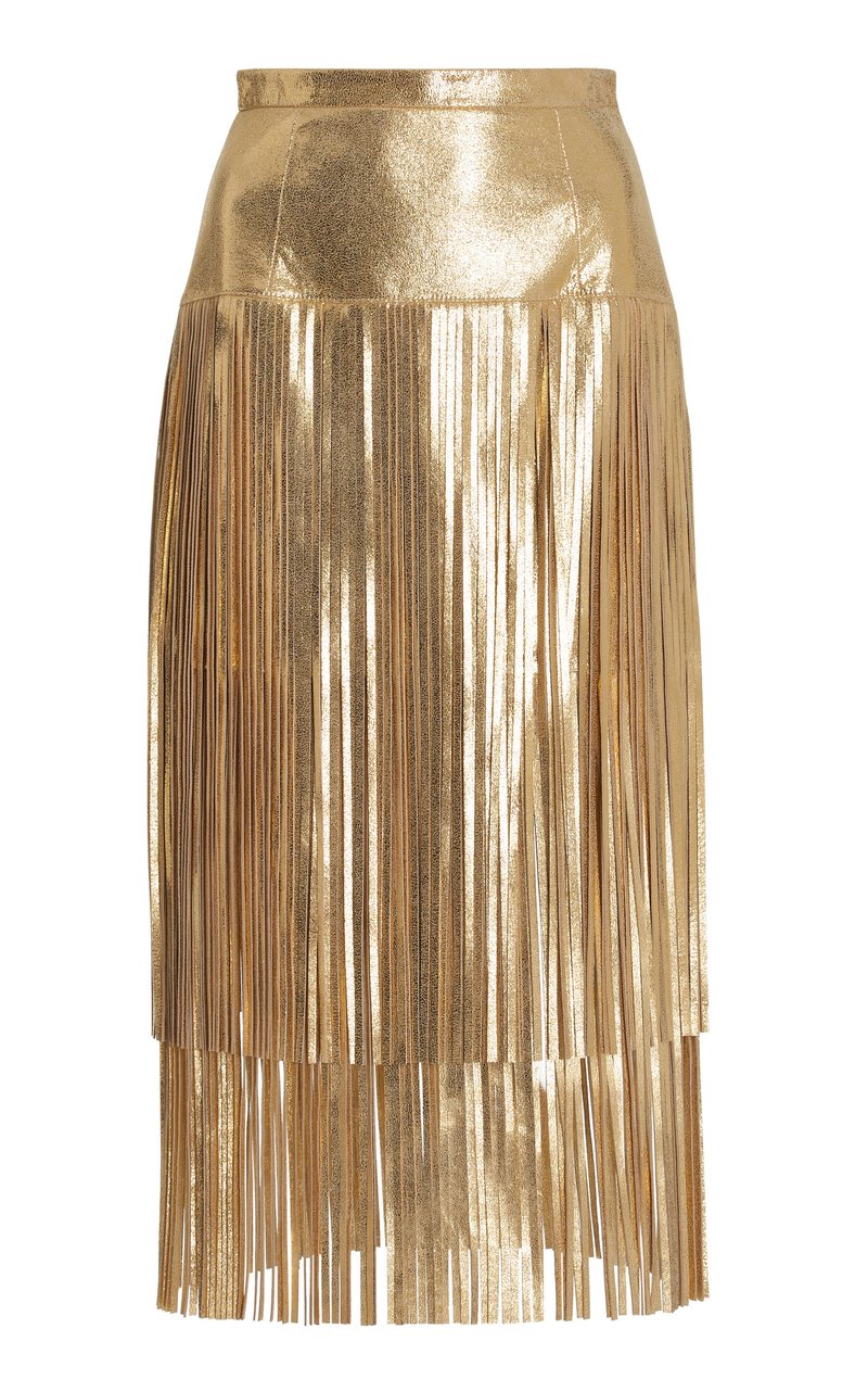 Womens Gold Real Leather Fringe Skirt – Front View with Shiny Metallic Finish.