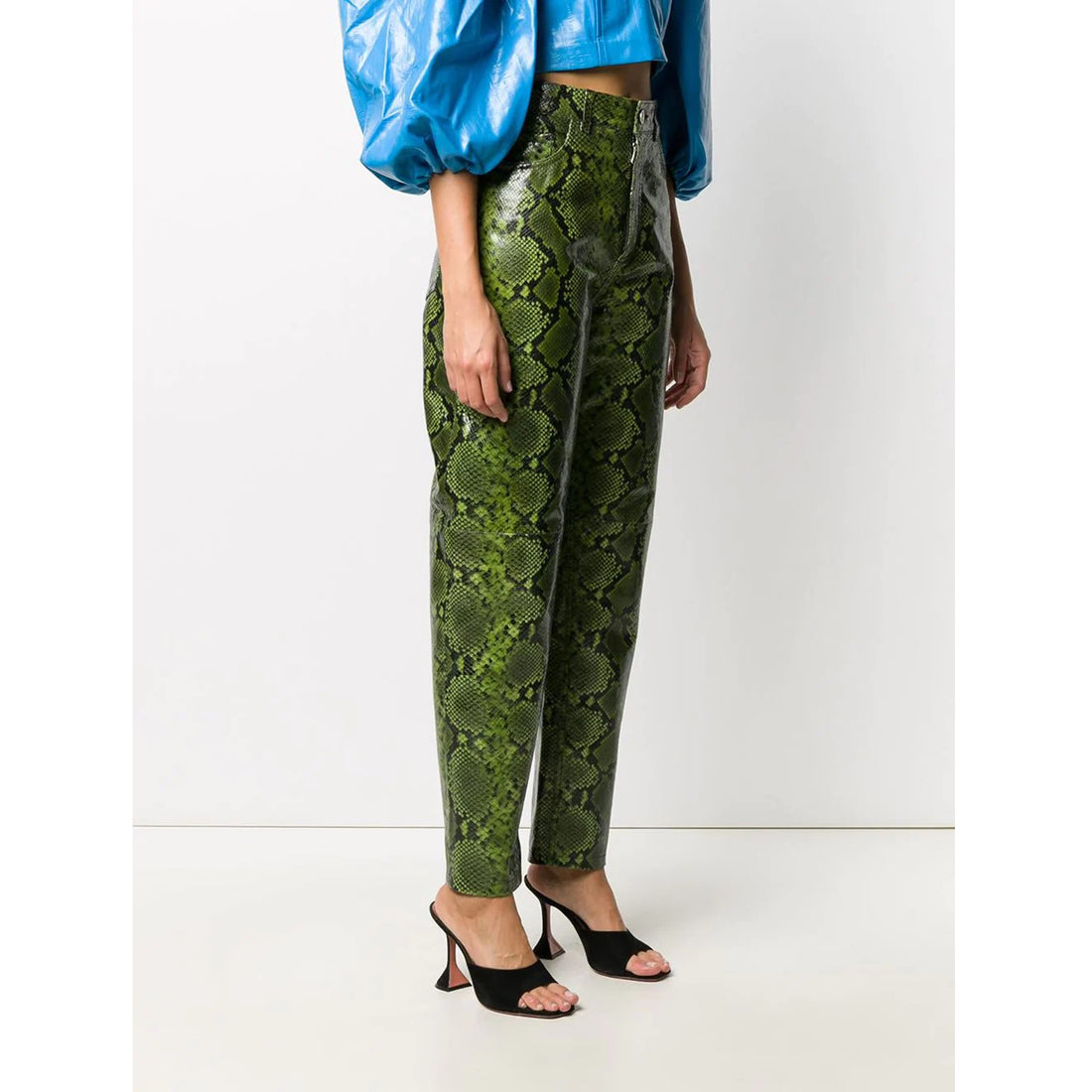 Women's Green Snake Print Leather Pants – Front View.