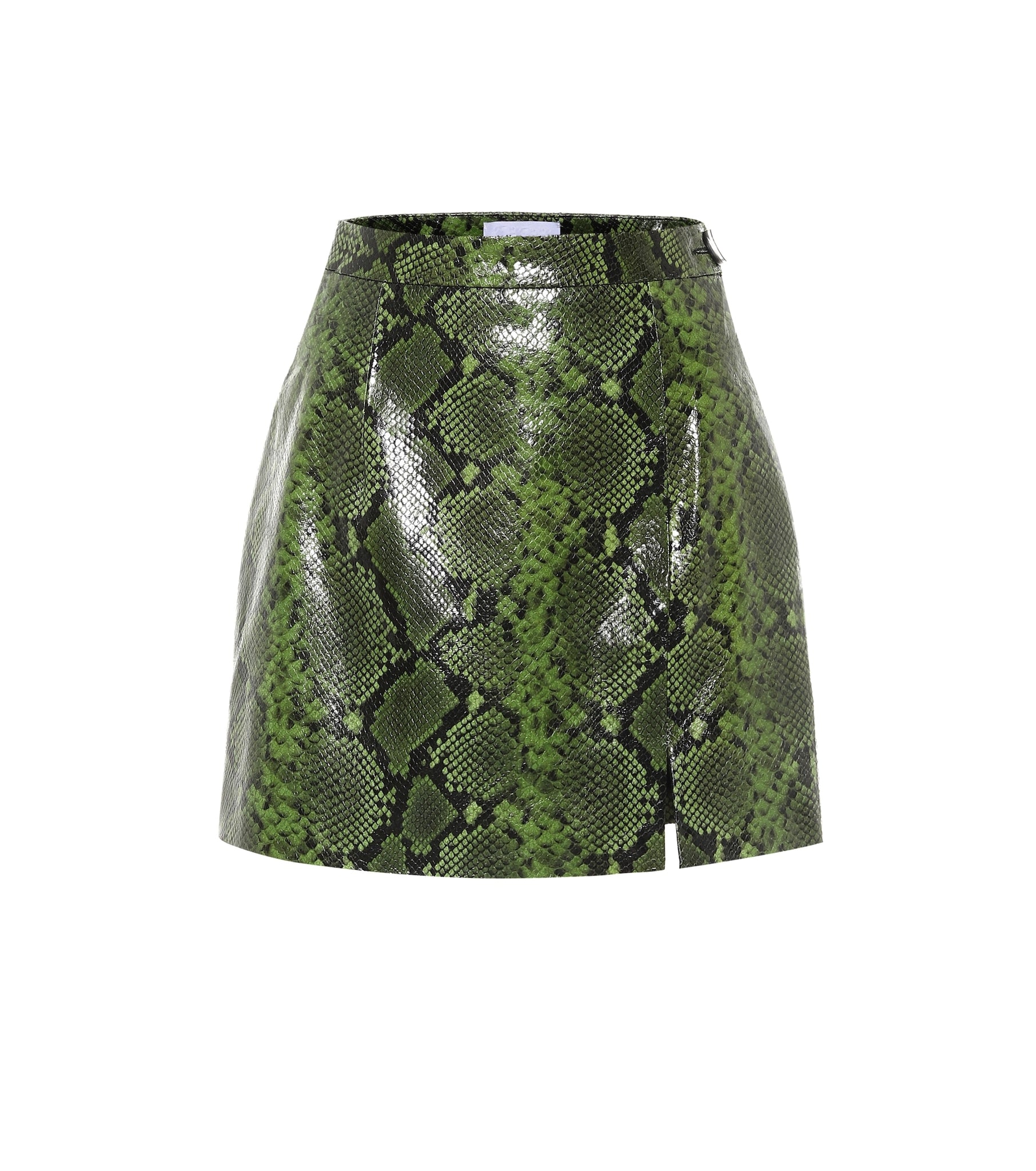 Close-Up of Glossy Green Python Print – Mini Skirt Texture.