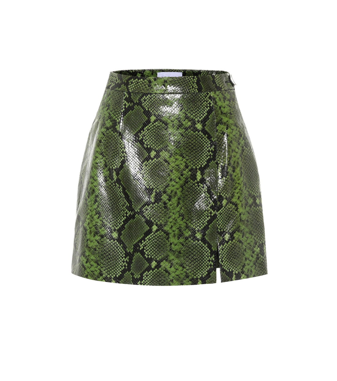 Close-Up of Glossy Green Python Print – Mini Skirt Texture.