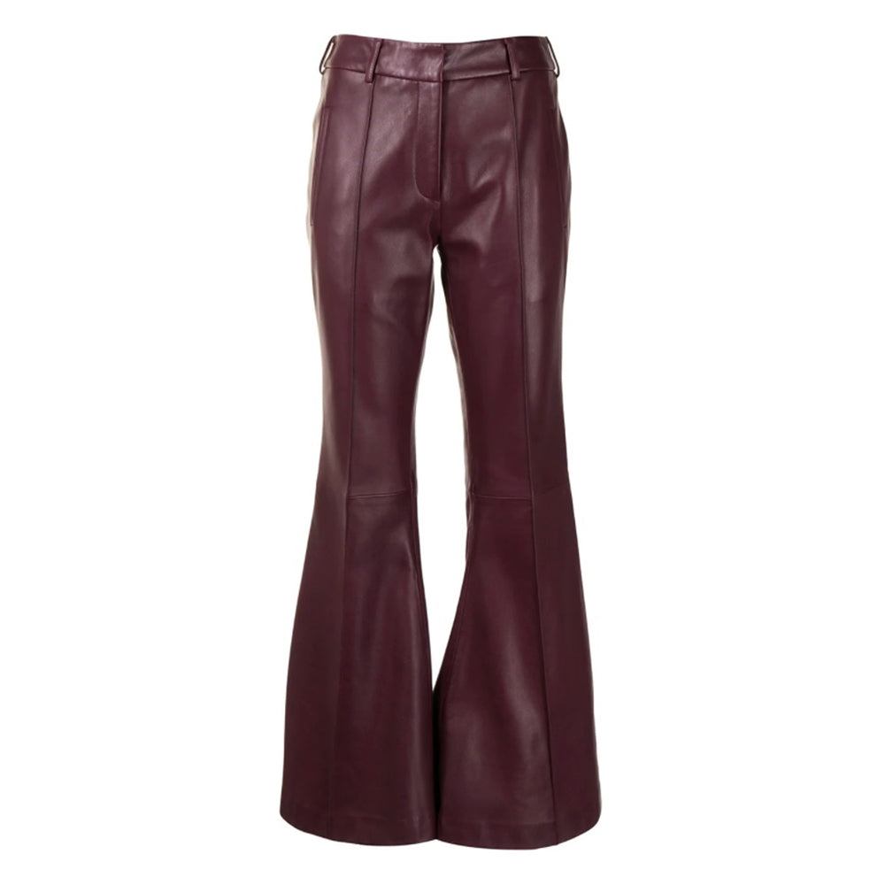 Women’s maroon flared leather pants made from genuine leather – front view showcasing exotic shine and elegant fit