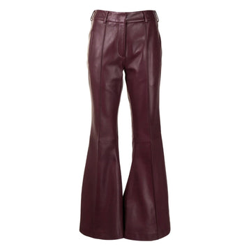 Women’s maroon flared leather pants made from genuine leather – front view showcasing exotic shine and elegant fit
