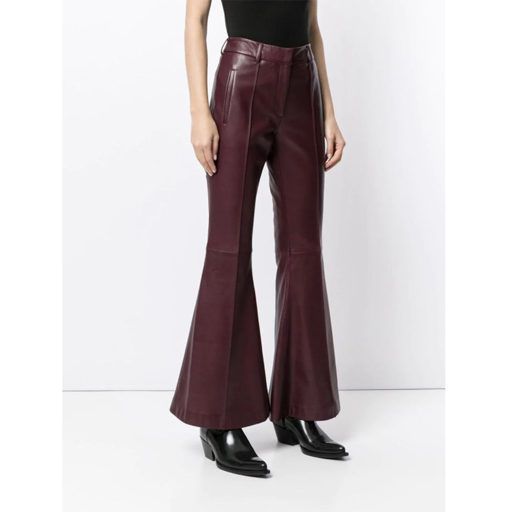 Side profile showing Womens Maroon Flared Leather Pants – Genuine Exotic Look.