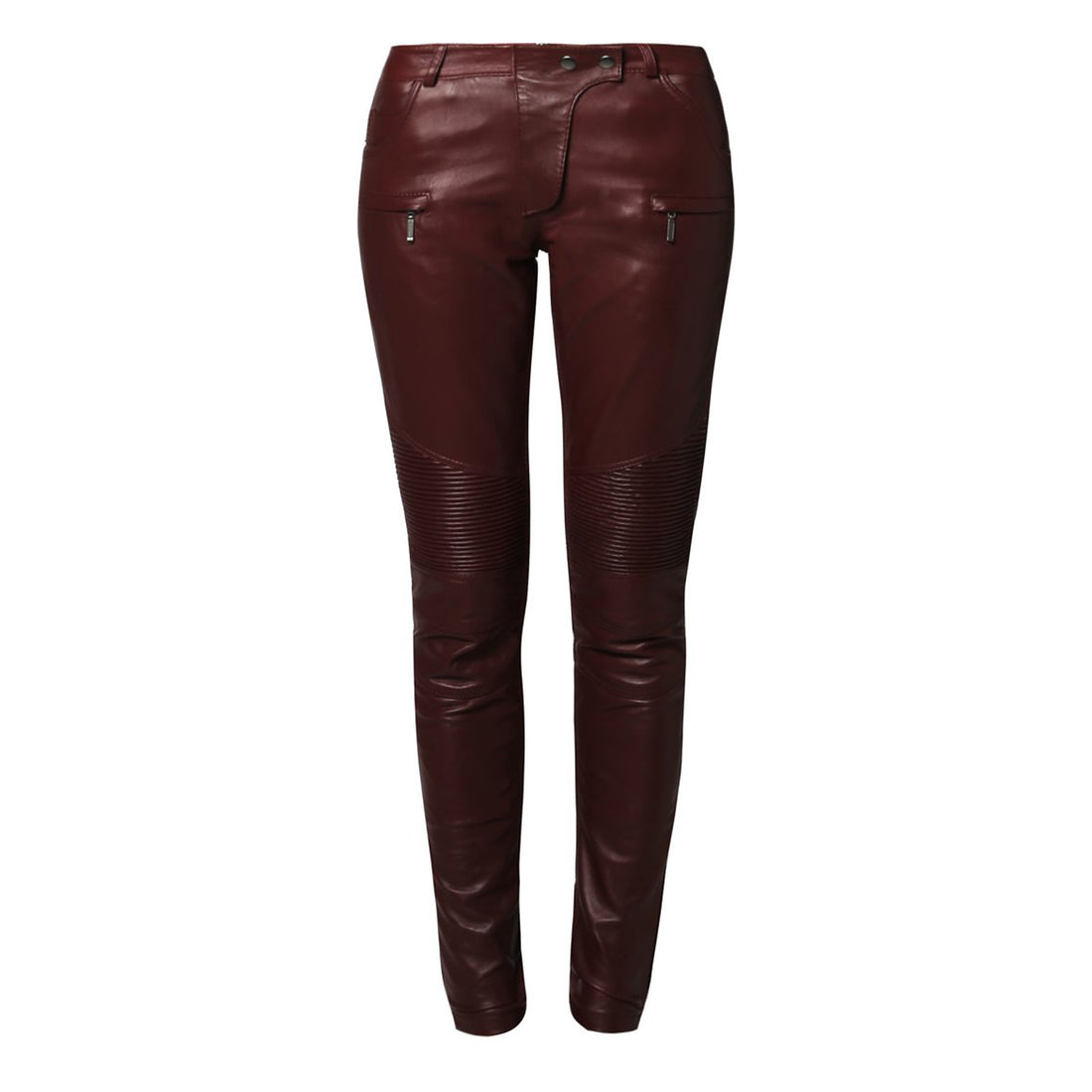 Women's Maroon Leather Pants - Front View in Slim Fit Style.