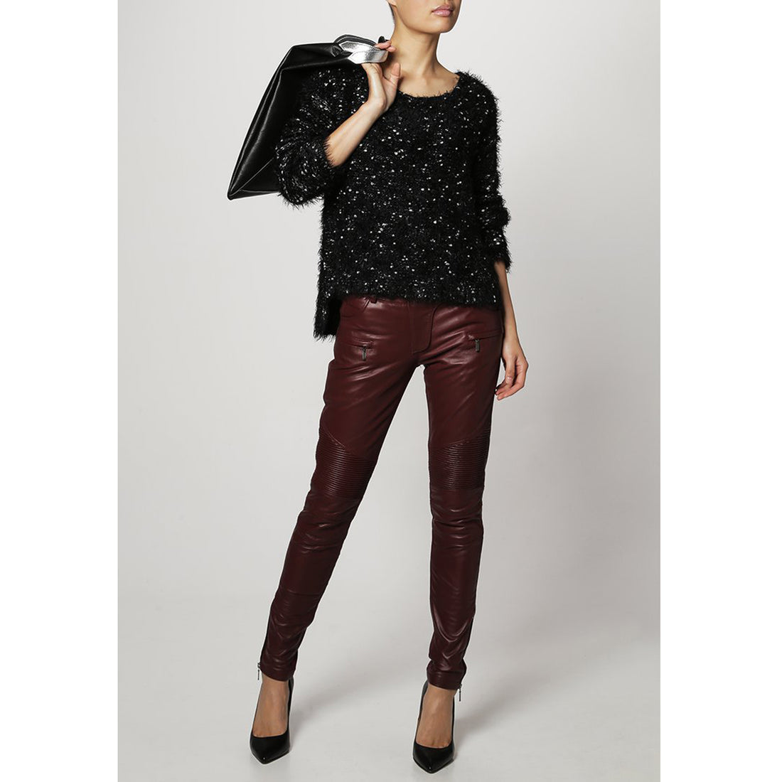Women's Maroon Leather Pants - Front View in Slim Fit Style.
