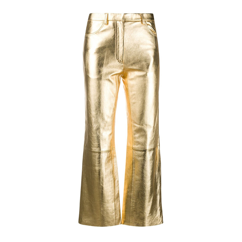Women's Metallic Gold Leather Pants - Front View Flared High Rise.