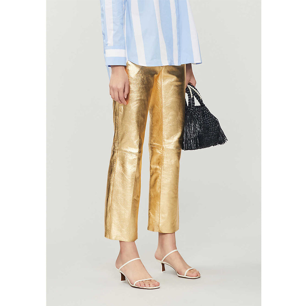 Women's Metallic Gold Leather Pants - Front View Flared High Rise.