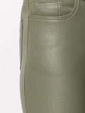 Close-up of lambskin texture on Women's Olive Green Leather Pants for premium quality detail.