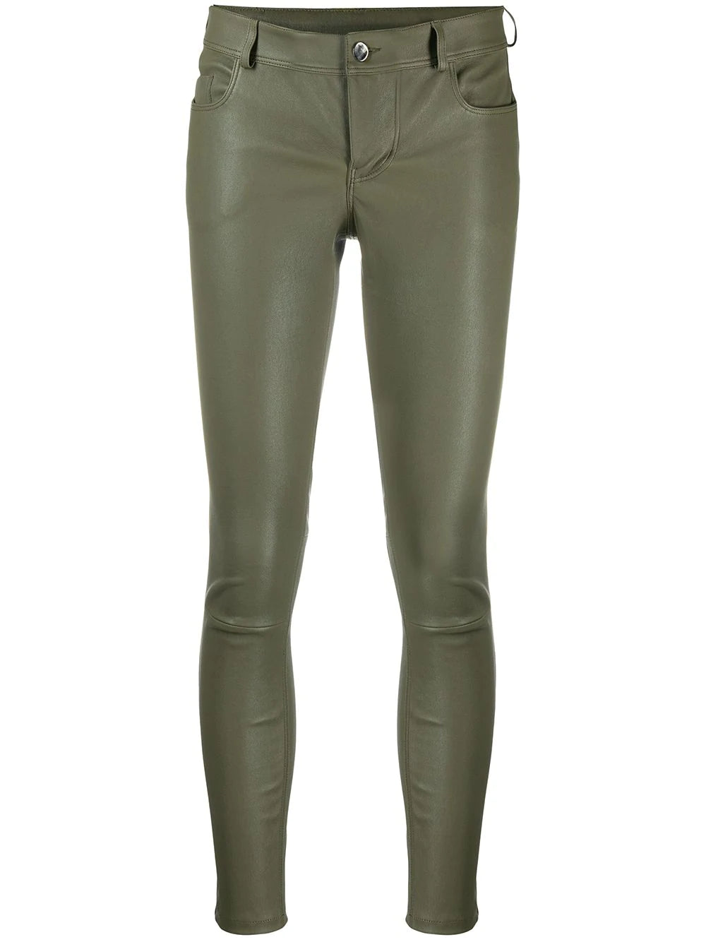 Front view of Women's Olive Green Leather Pants - Slim Fit Lambskin with button closure and sleek finish.