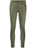 Front view of Women's Olive Green Leather Pants - Slim Fit Lambskin with button closure and sleek finish.