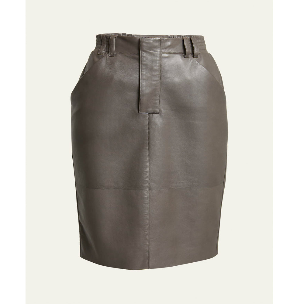 Women’s olive green leather pencil skirt with slim real leather fit – front view fashion outfit