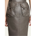 Women’s olive green leather pencil skirt with slim real leather fit – front view fashion outfit