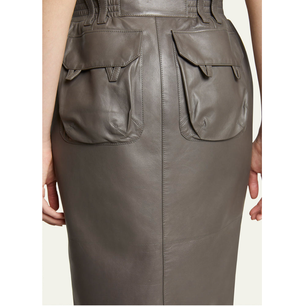 Women’s olive green leather pencil skirt with slim real leather fit – front view fashion outfit