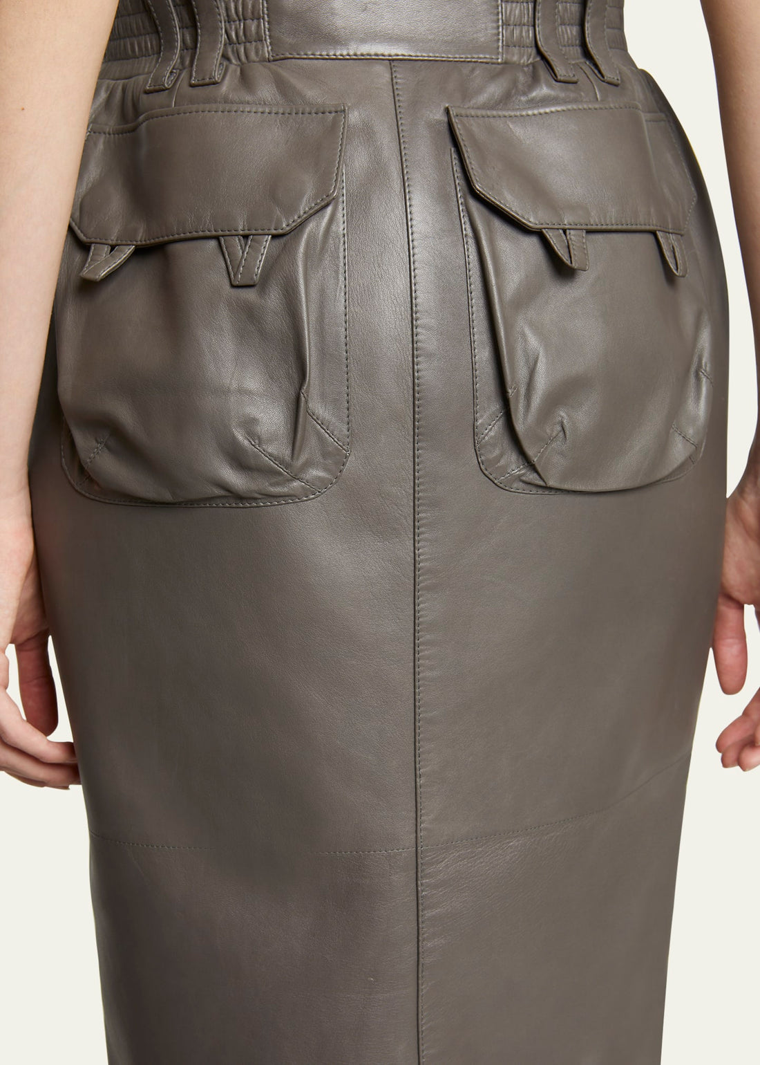 Womens Olive Leather Pencil Skirt – Front View with Real Leather Finish.