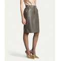 Stylish olive leather pencil skirt for women – genuine leather slim fit side profile