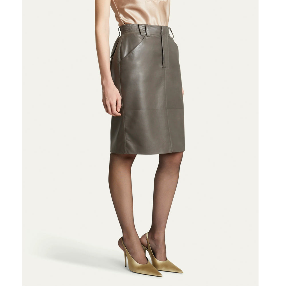 Stylish olive leather pencil skirt for women – genuine leather slim fit side profile