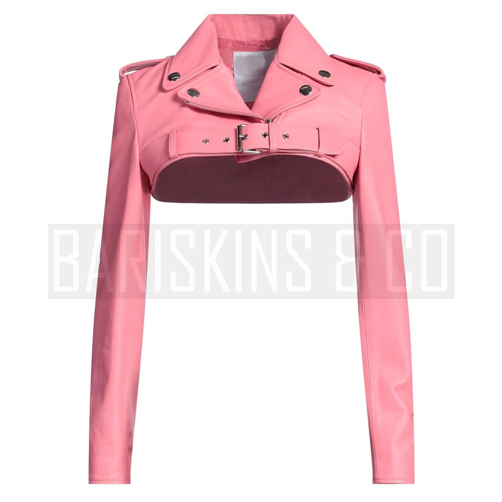 Women’s Pink Cropped Leather Jacket – Real Lambskin Moto Biker Design Front View