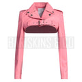 Women’s Pink Cropped Leather Jacket – Real Lambskin Moto Biker Design Front View