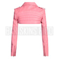 Real Pink Leather Cropped Jacket for Women – Back View with Shoulder Epaulets