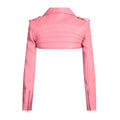 Real leather women’s pink cropped biker jacket featuring classic moto style and stylish cut