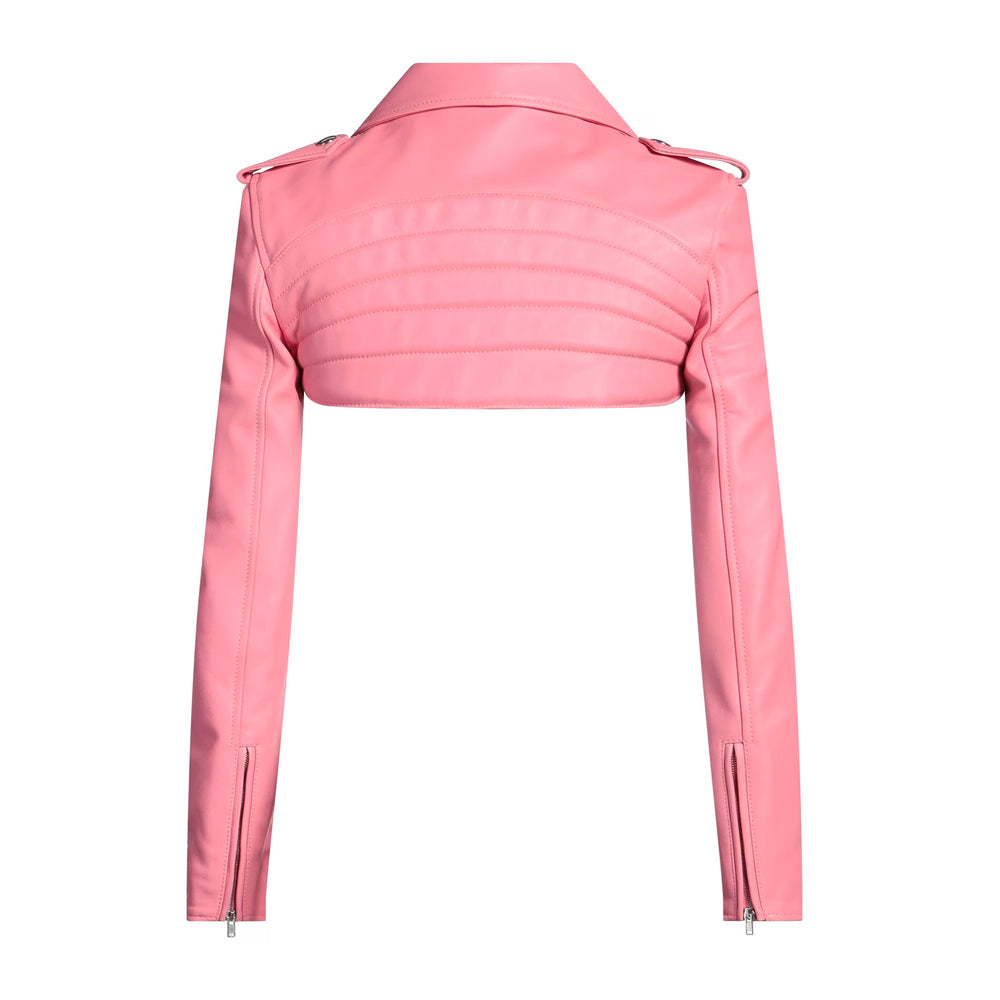 Real leather women’s pink cropped biker jacket featuring classic moto style and stylish cut