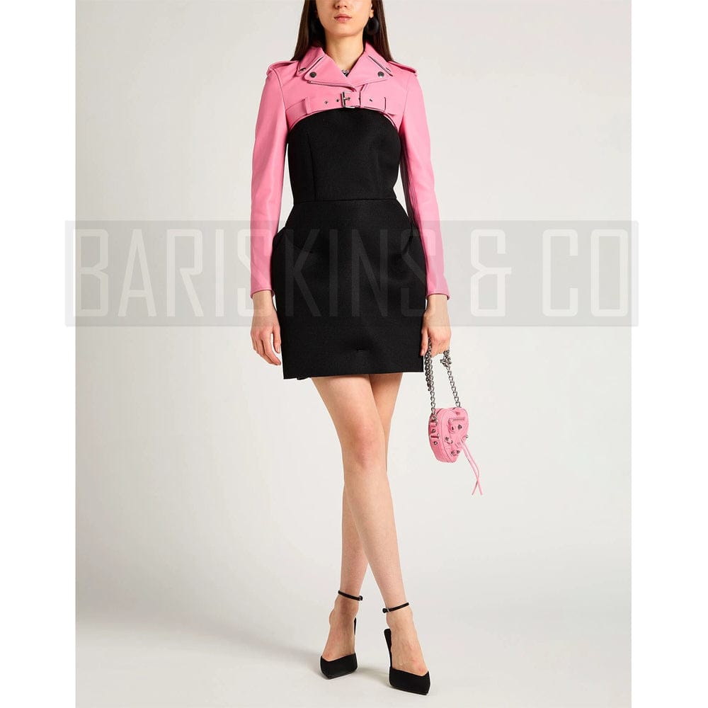 Stylish Women’s Pink Leather Jacket – Cropped Biker Fit with Belted Waist