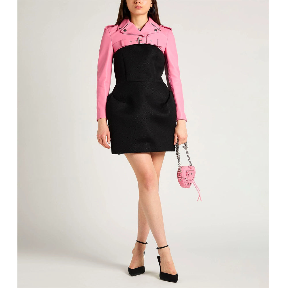 Pink cropped leather jacket for women with authentic biker moto design and premium leather