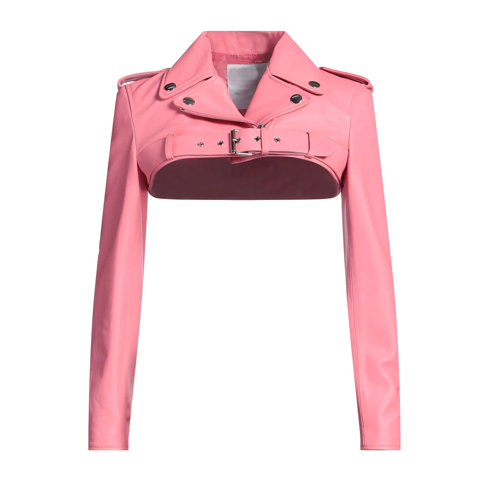 Women’s pink cropped leather jacket in real moto biker style with front zipper and fitted design