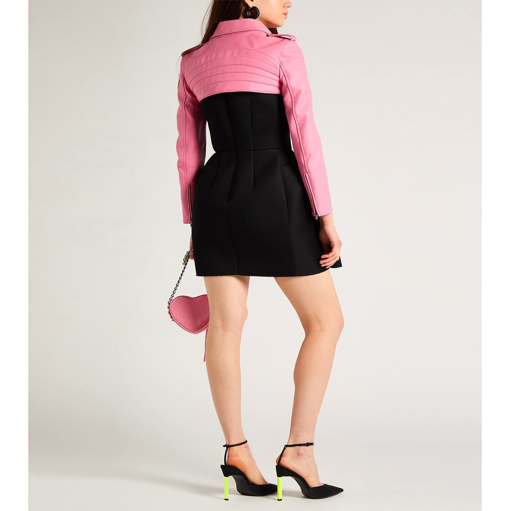 Women’s real leather pink moto biker jacket cropped length with modern fashion fit