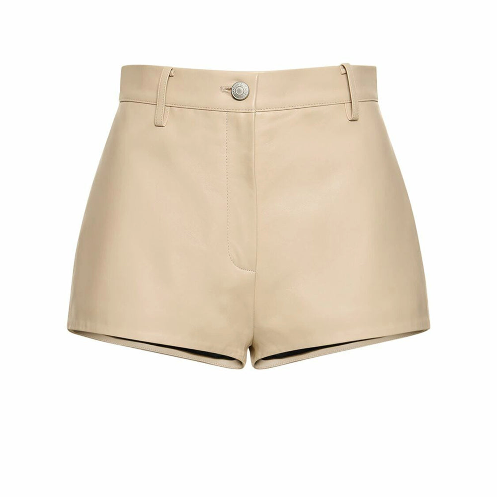 Women's real leather beige shorts – front view.